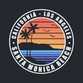 California Santa Monica Beach t-shirt design. Typography graphics for tee shirt with palm trees. Los Angeles county apparel print.